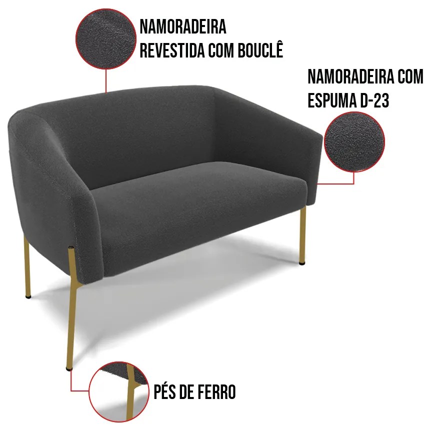 Sofá 2 Lugares Namoradeira Pé de Ferro Dourado Stella Bouclê D03 - D'Rossi - Grafite