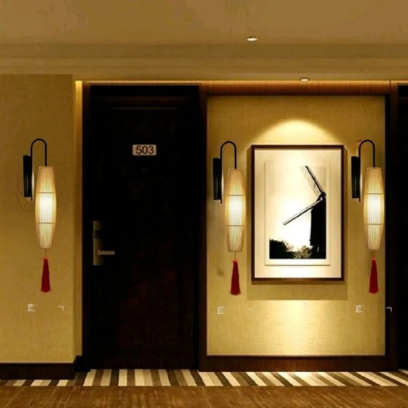 Arandela parede japonês bambu lâmpada de parede quarto cabeceira corredor escada log lâmpada led novo chinês zen criativo hotel lâmpada de parede - A