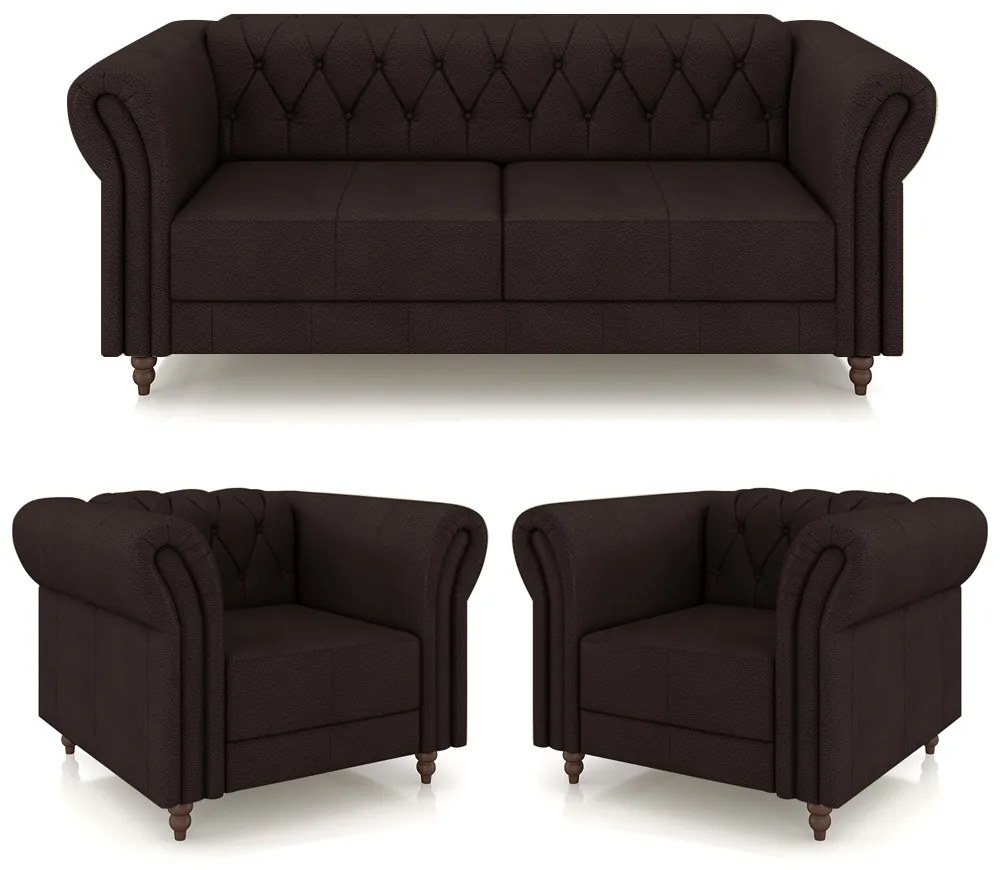 Conjunto Sala de Estar 1 Sofá Living 200cm e 2 Poltronas Stanford Chesterfield Pés Madeira Couro Marrom G58 - Gran Belo