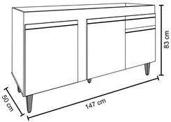 Balcão Gabinete Para Pia 150cm Sem Tampo 3 Portas 1 Gaveta Dakota Pret