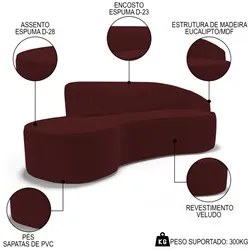 Sofá Living  3 Lugares 230cm Braço Direito Mozart D06 Veludo Vermelho