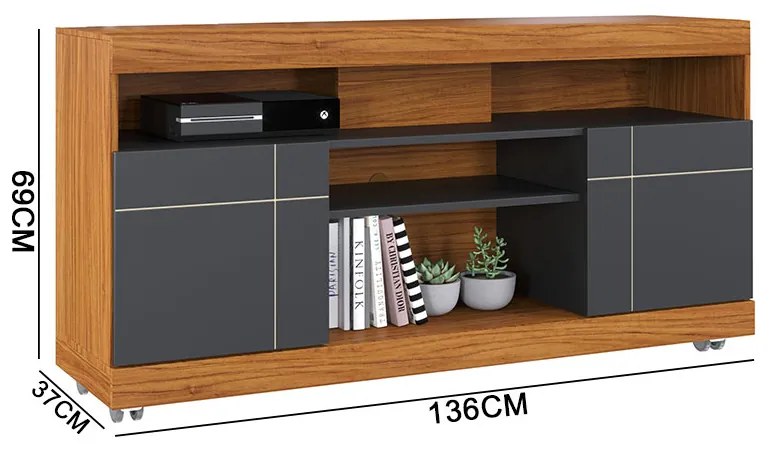 Rack para Sala Bancada de TV 47 Pol 136cm Ariele C04 - D'Rossi - Noce Milano e Preto Fosco
