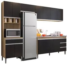 Cozinha Modulada 4 Peças Balcão com Pia 160cm Andréia Amêndoa/Preto -