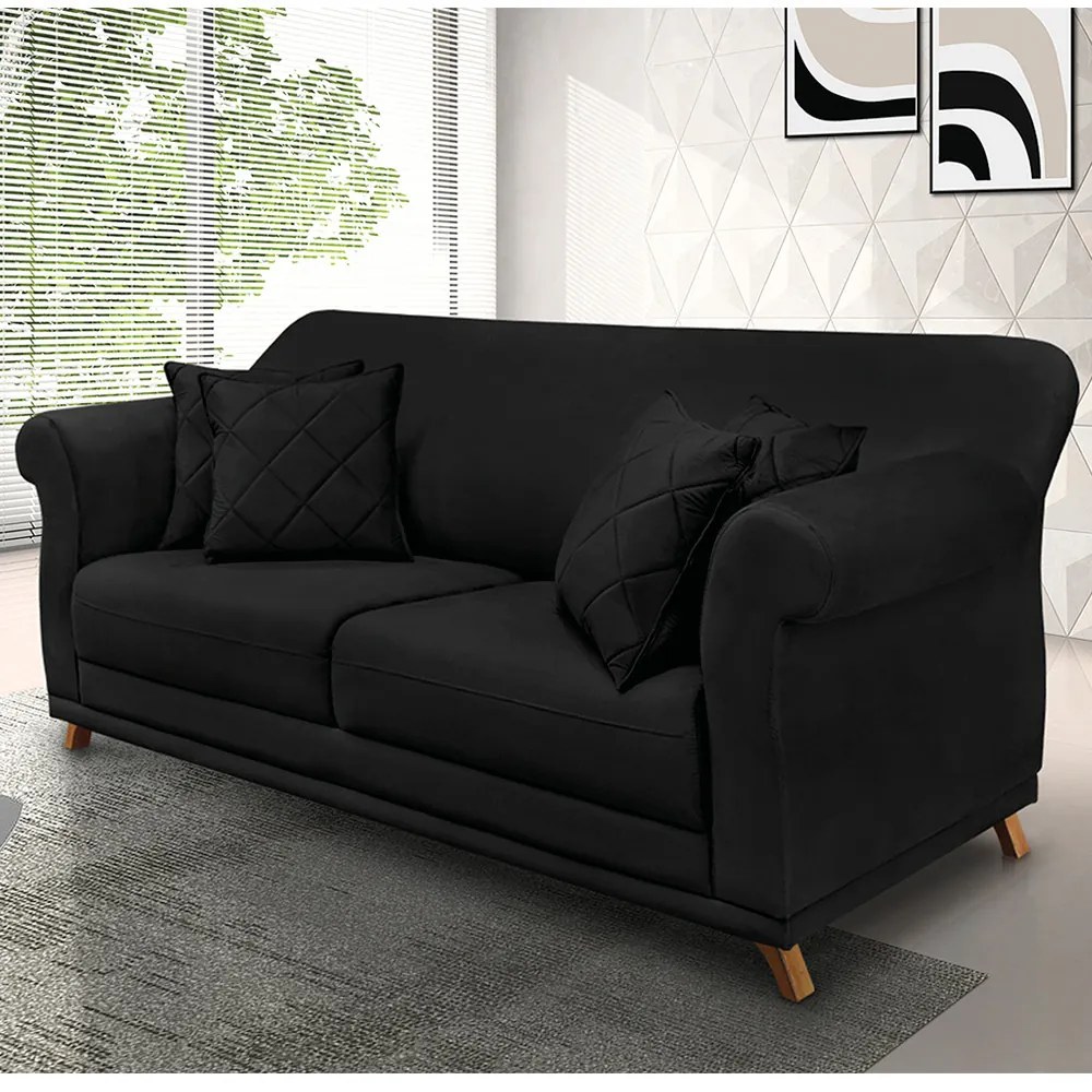 Sofá 2 Lugares Pé de Madeira Julieta 180 cm Suede Preto S04 - D'Rossi