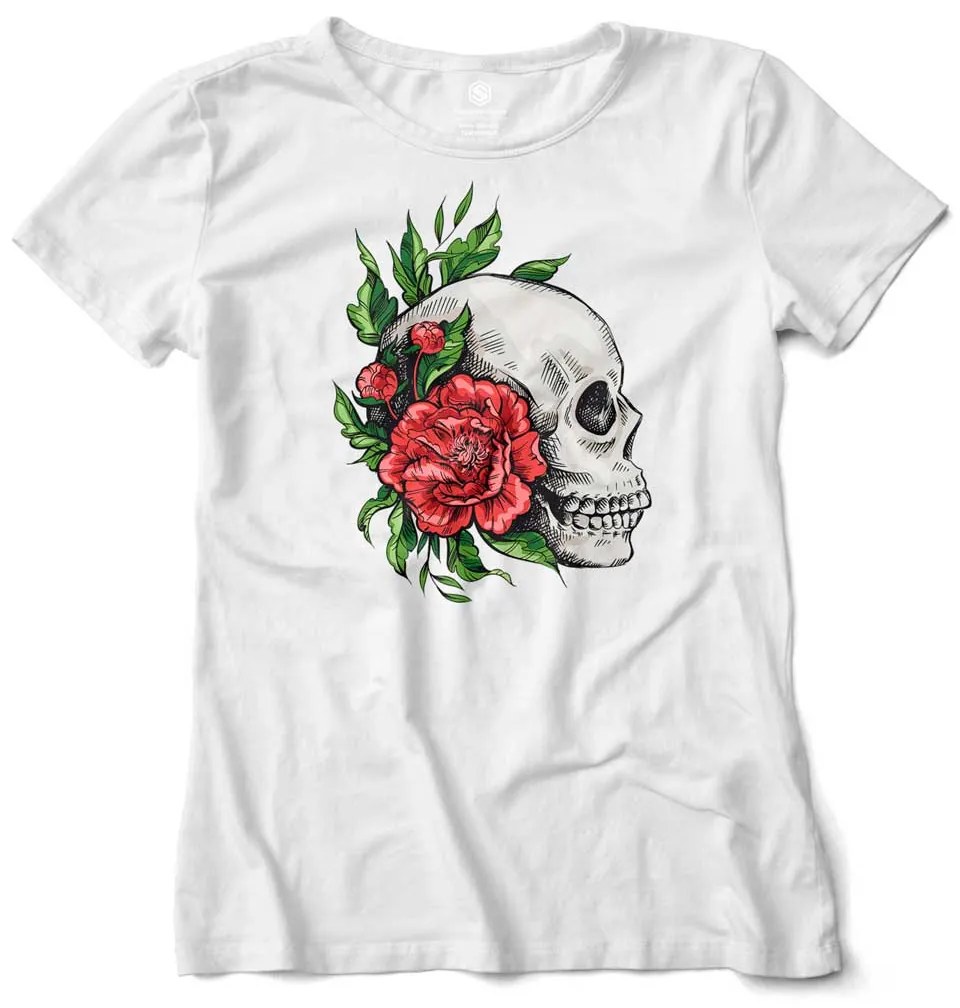 Camiseta Feminina Baby Look Caveira e Rosas Vermelhas - Vinho - M