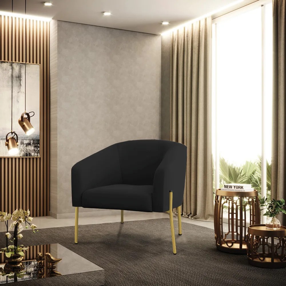 Poltrona Decorativa Pé de Ferro Dourado Kit 2 Stella Veludo D03 - D'Rossi - Preto