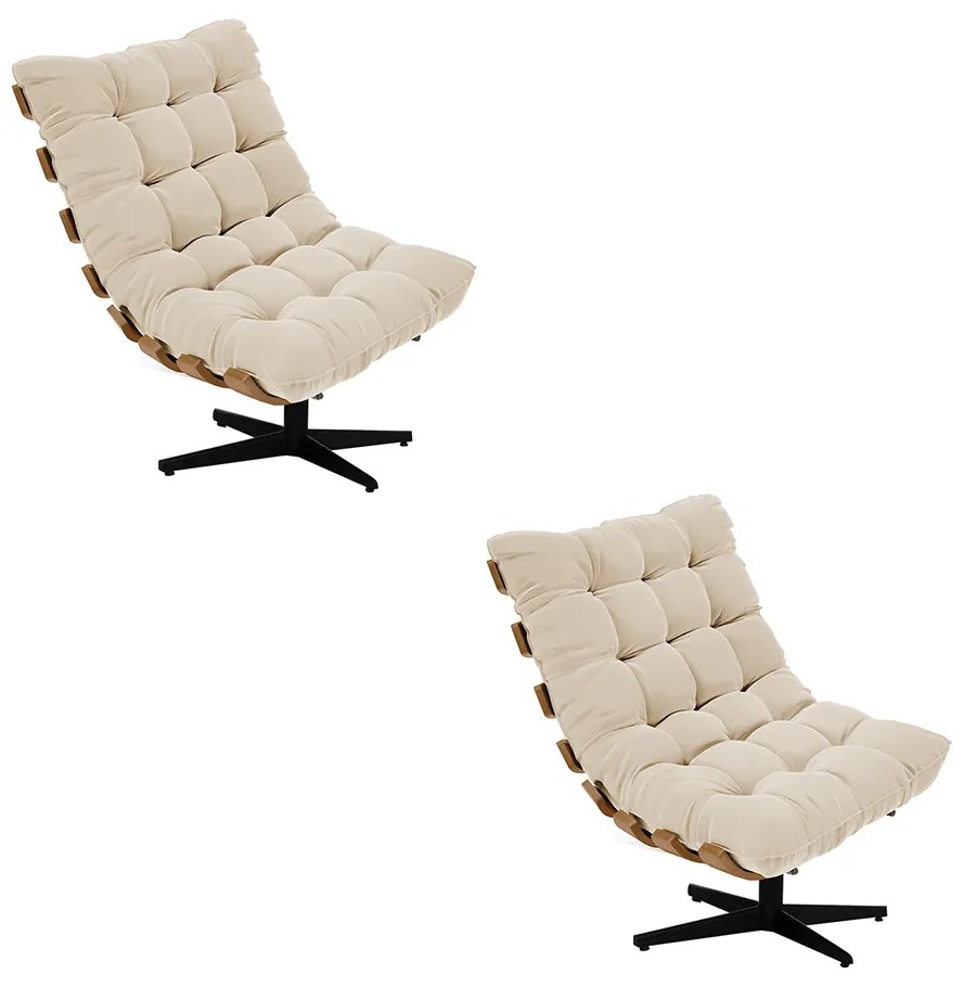 Kit 02 Poltronas Giratória Costela Suede Bege Base Giratória Preto - D'Rossi