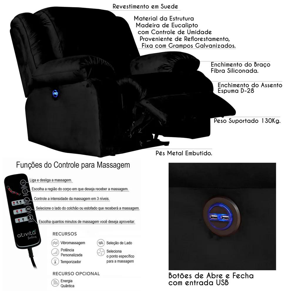 Poltrona do Papai Reclinável Elétrica com Massagem e USB Magnum Veludo Preto G23 - Gran Belo