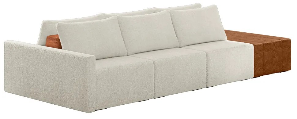 Sofá Ilha Modulado Milos 342cm Puff Lateral OffWhite Caramelo Manchado Bouclê/PU G33 - Gran Belo