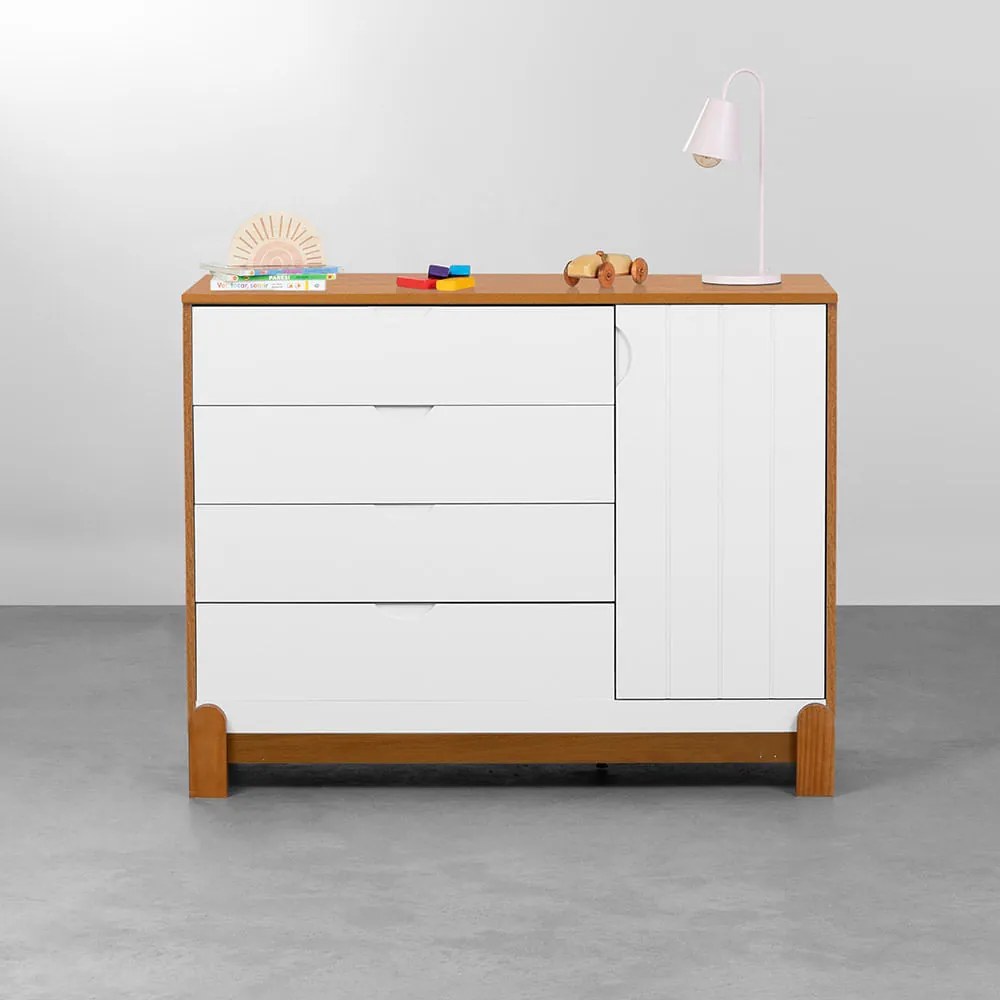 Cômoda Lotus 4 Gavetas e 1 Porta - Branco Fosco e Savana