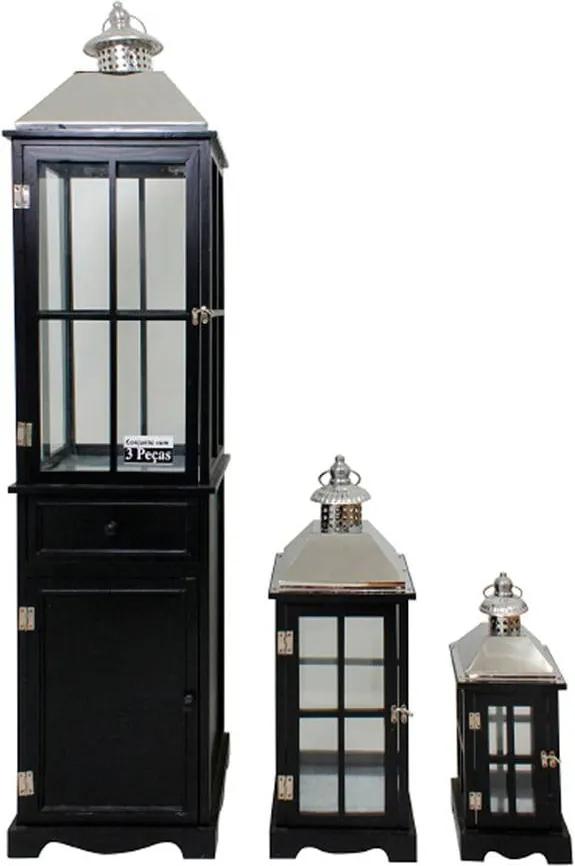 Conjunto 3 Lanternas Preto e Prata em Madeira e Inox Oldway -134x31 cm