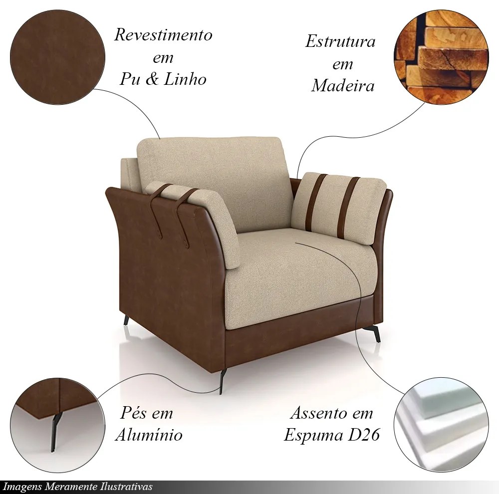 Kit 2 Poltronas Decorativas Violet Pés em Alumínio Preto Linho Bege Claro/Marrom G45 - Gran Belo