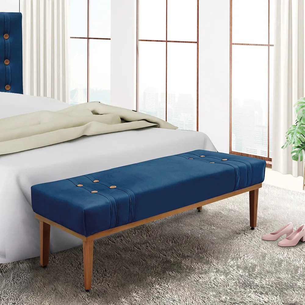 Divã Recamier Banco Base Madeira para Quarto Gênova 160cm Suede S04 - D'Rossi - Azul Marinho