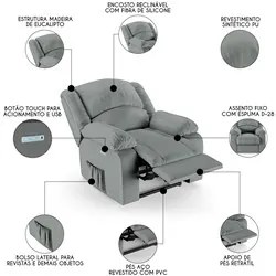 Poltrona do Papai Reclinável Pietra Elétrica LED FH9 PU Cinza - Mpozen