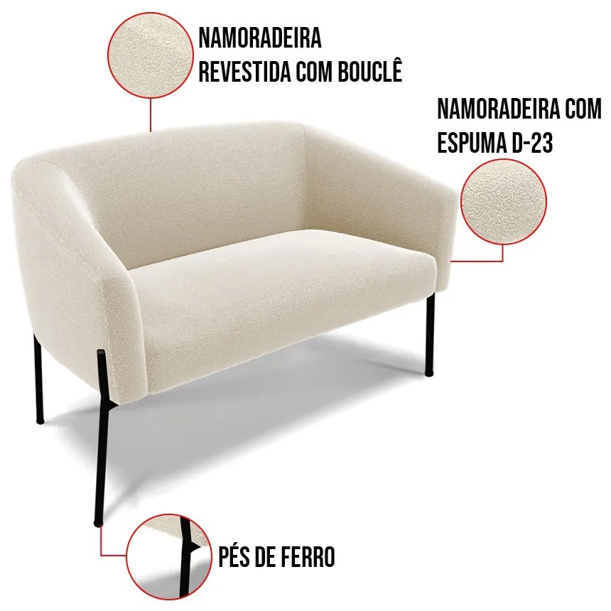 Sofá 2 Lugares Namoradeira Pé de Ferro Preto Stella Bouclê D03 - D'Rossi - Bege