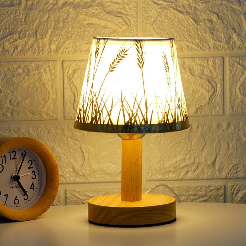 Abajur Lâmpada de cama led base madeira maciça decoração proteção para os olhos curto sono mesa luz estilo nórdico trigo forma sala leitura - Linho Bege - Branco Quente Regulável | Plugue usb