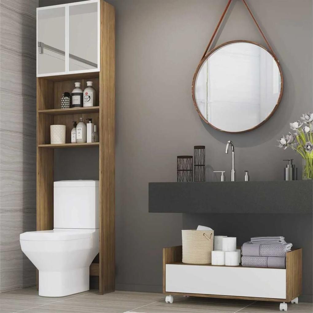 Armário de Banheiro para Vaso Sanitário com Espelho e Balcão com Rodízios Multimóveis Rustic/Branco