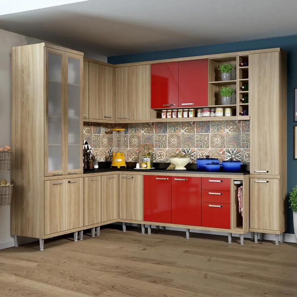 Cozinha Compacta 16 Portas Com Tampo e Vidro 5805 Vermelho/Argila - Multimóveis