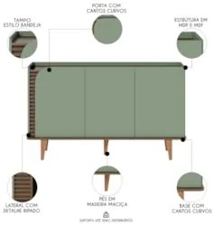 Balcão Aparador Buffet 3 Portas 136cm Madrid C05 Hortelã/Amêndoa - Mpo