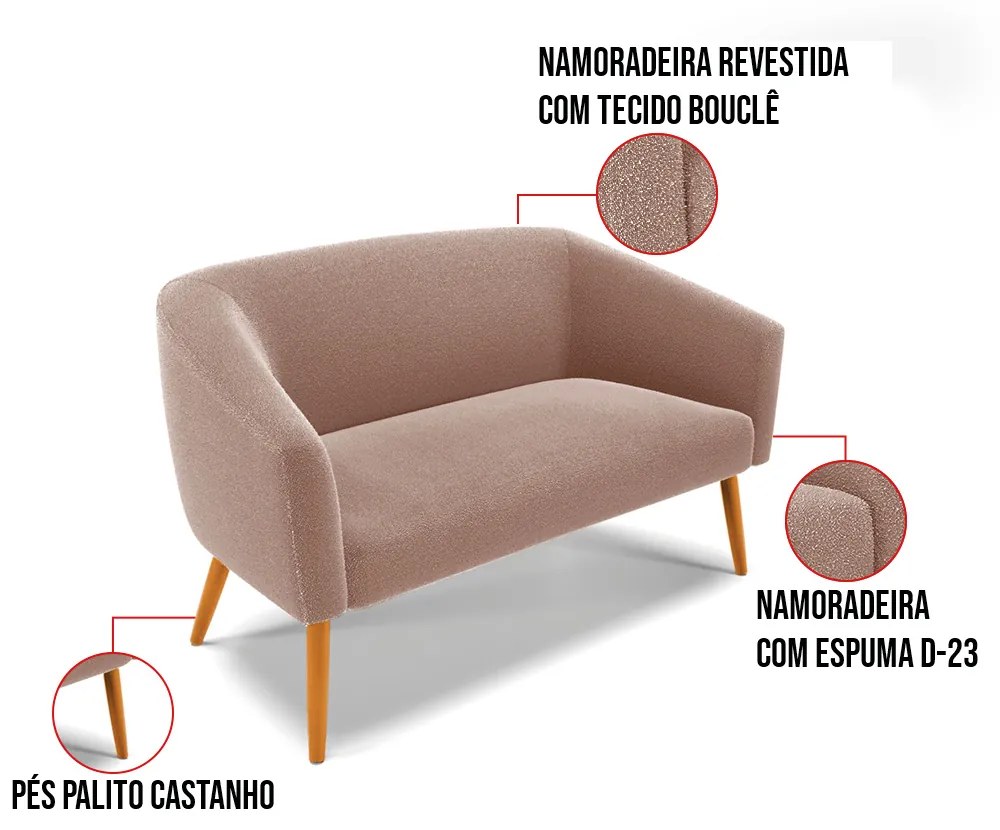 Sofá 2 Lugares Namoradeira Pé Palito Castanho Stella Bouclê D03 - D'Rossi - Rose