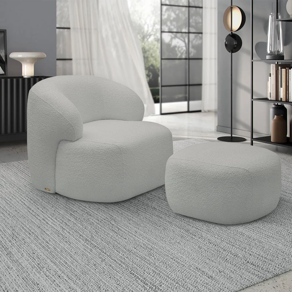 Conjunto Poltrona Base Fixa e Puff Decorativo Charlote Sala de Estar Bouclê Cinza G88 - Gran Belo