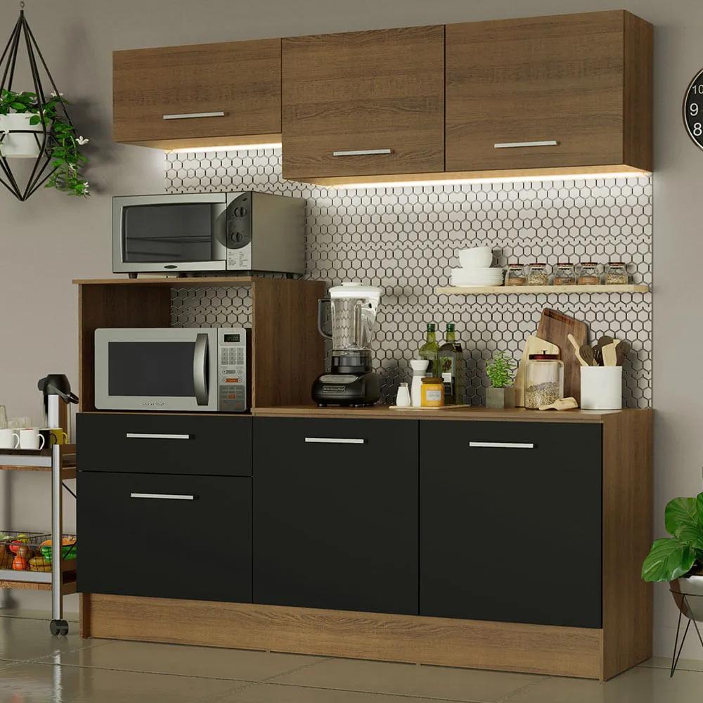 Cozinha Compacta Madesa Onix 180001 com Armário e Balcão Rustic/Preto/Rustic C1 Cor:Rustic/Preto/Rustic