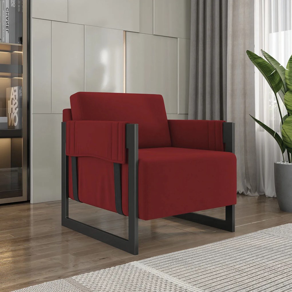 Poltrona Decorativa Base Industrial Rory Veludo Vermelho K01 - D'Rossi