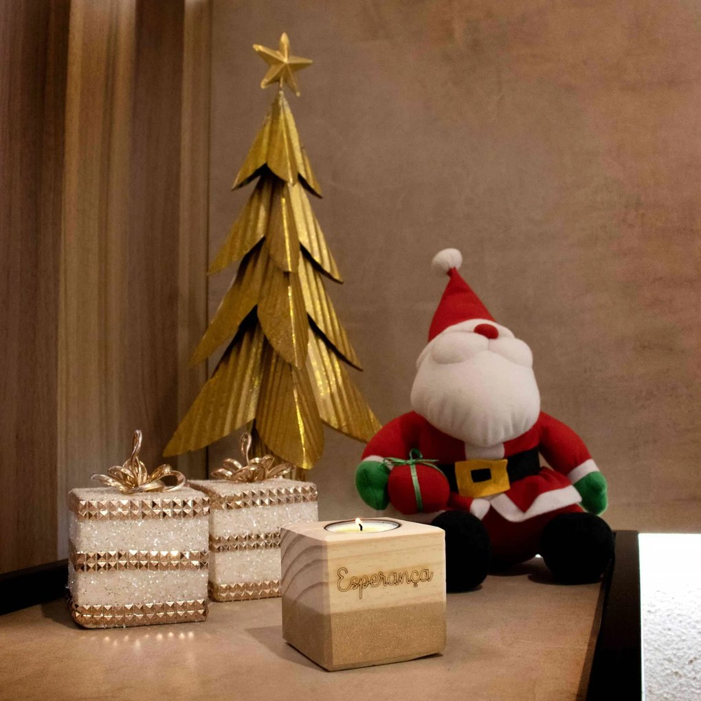 Porta Vela Quadrado Natal Esperança Madeira e Dourado 7 cm - D'Rossi