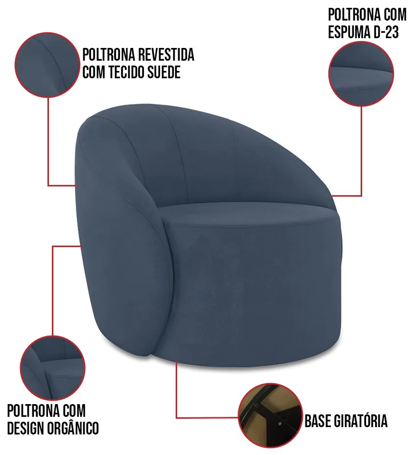 Sofá 2 Lugares Orgânico 140cm Morgan e 2 Poltronas Lua Suede Azul M D03 - D'Rossi