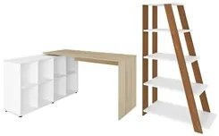 Mesa Escrivaninha em L Eron e Estante Livreiro Stela A06 Branco/Carval