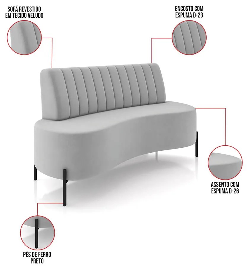 Sofá 2 Lugares Living 160cm Pé Ferro Pto Maraú Veludo Cinza K01 - D'Rossi