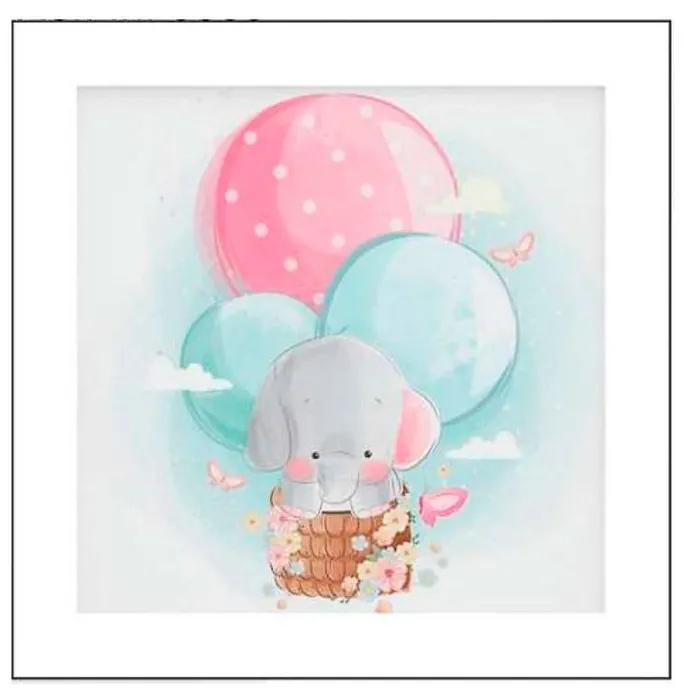 Quadro Para Quarto de Bebê Elefante e Balão - KF 49978 30x30 (Moldura 520)