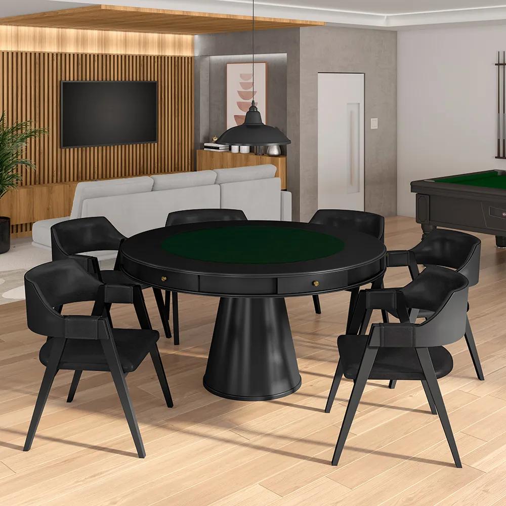 Conjunto Mesa de Jogos Carteado Bellagio Tampo Reversível e 6 Cadeiras Madeira Poker Base Cone PU Preto/Preto G42 - Gran Belo