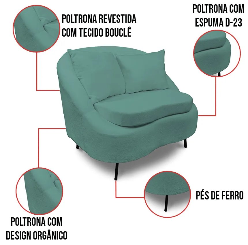 Poltrona Decorativa Orgânica Pé Ferro Pto Zaya Bouclê Verde Menta C05 - D'Rossi