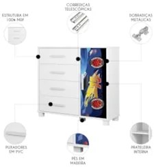 Cômoda Infantil Para Quarto 80cm 4 Gavetas Carro Azul Z53 - Mpozenat