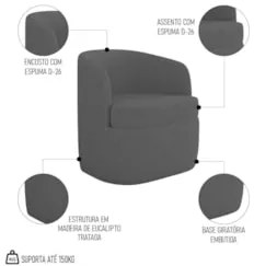 Kit 2 Poltronas Giratória Decorativa para Sala Dandara Z08 Linho Cinza