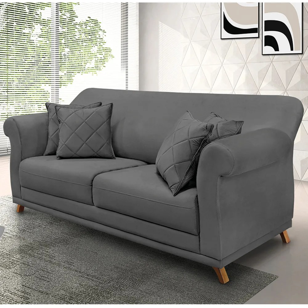 Sofá 2 Lugares Pé de Madeira Julieta 160 cm Suede Cinza S04 - D'Rossi