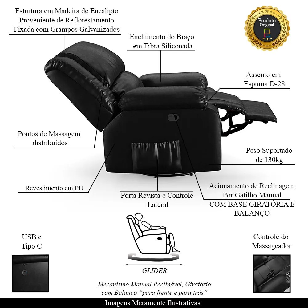 Poltrona do Papai Reclinável Sala de Cinema Madrid Glider Manual Giratória Massagem USB PU Preto Brilho  G23 - Gran Belo