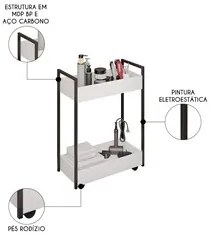 Carrinho Auxiliar para Salão de Beleza Industrial Sara M24 Branco/Pret