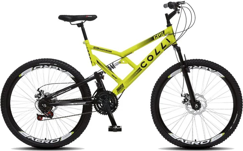 Bicicleta Esportiva Aro 26 Dupla Suspensão Freio a Disco GPS 220 Quadro 18 Aço Amarelo Neon - Colli Bike