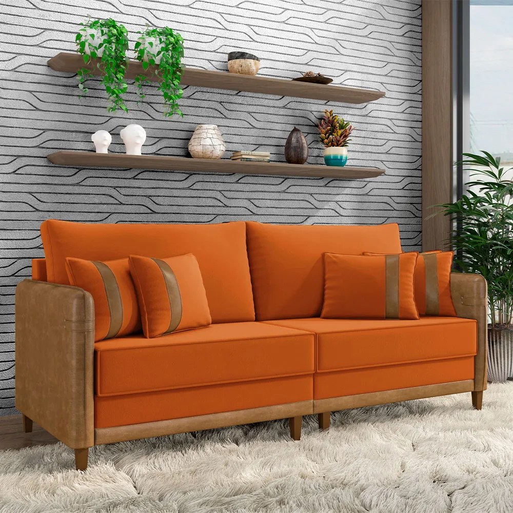 Sofá Living Montecarlo 3 Lugares Bipartido 252cm Pés em Madeira Veludo/PU Terracota/Caramelo G33 - Gran Belo