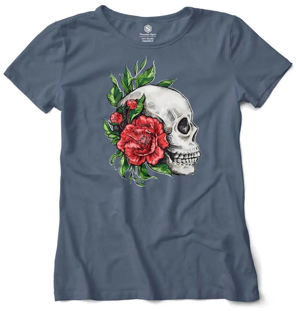 Camiseta Feminina Baby Look Caveira e Rosas Vermelhas - Cinza Chumbo - P