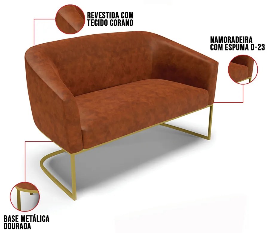 Sofá 2 Lugares Namoradeira Industrial Dourado Stella Sintético PU D03 - D'Rossi - Nozes