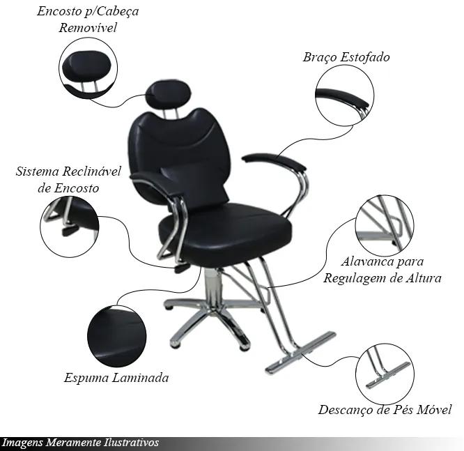 Cadeira Barbeiro Decorativa c/Apoio na Lombar Regulagem De Altura e Apoio p/Pés PU Preta G31 - Gran Belo