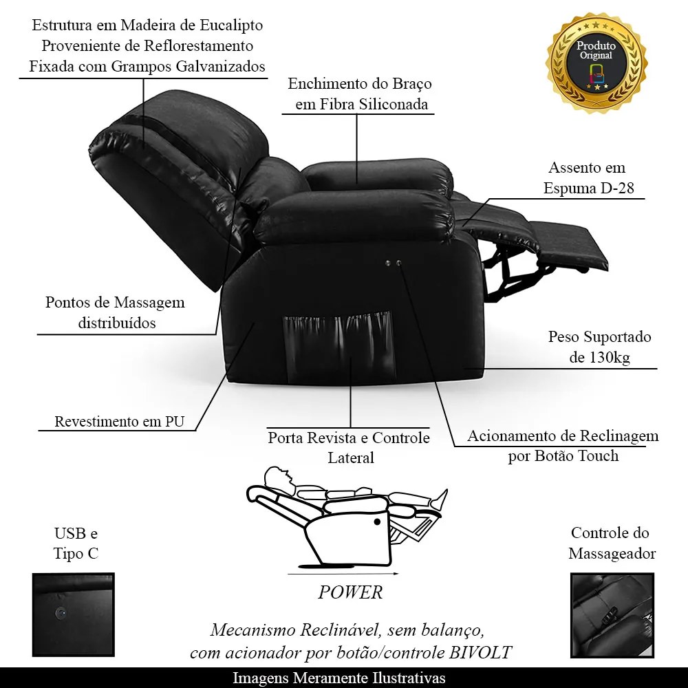 Poltrona do Papai Reclinável Melim Power Touch Massagem PU Preto Brilho FH1 - D'Rossi