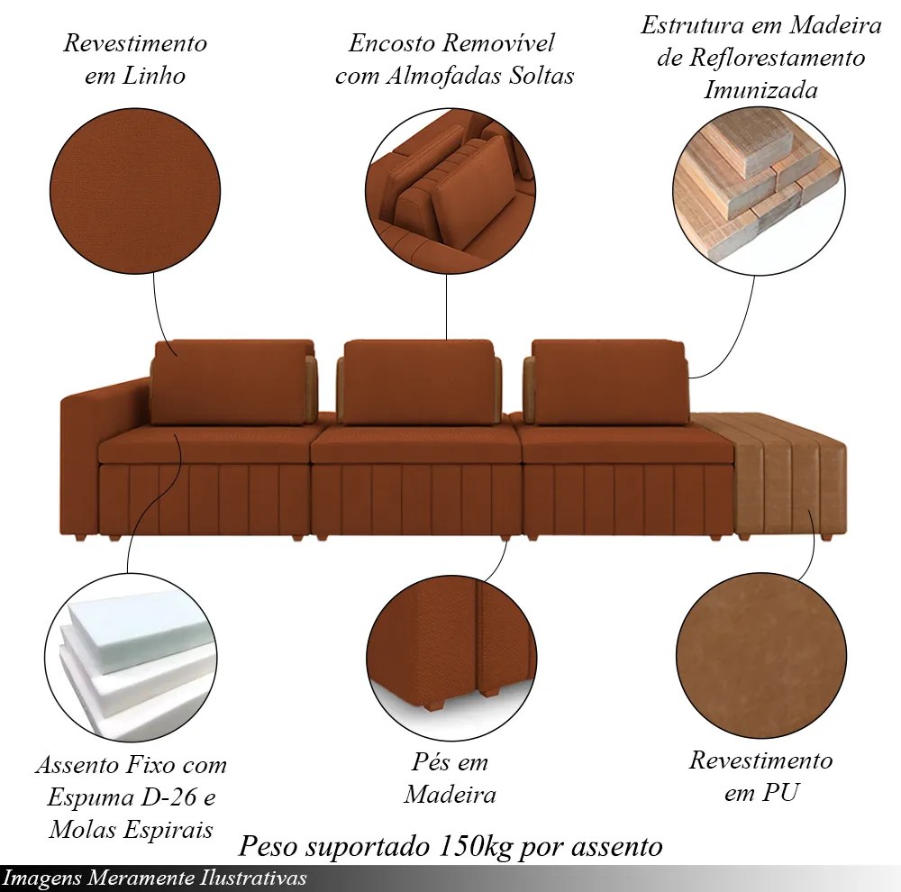 Sofá Ilha com Encosto e Almofadas Móveis Olimpo 335cm Modulado Linho/PU Terracota/Caramelo G45 - Gran Belo