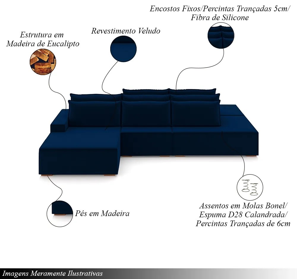 Sofá Ilha com Encosto e Almofadas Delta 395cm Modulado Chaise e Puffs Veludo Azul Marinho G52 - Gran Belo