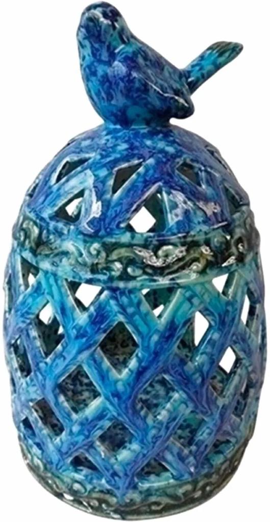 Lanterna Decorativa de Cerâmica Azul Pássaro