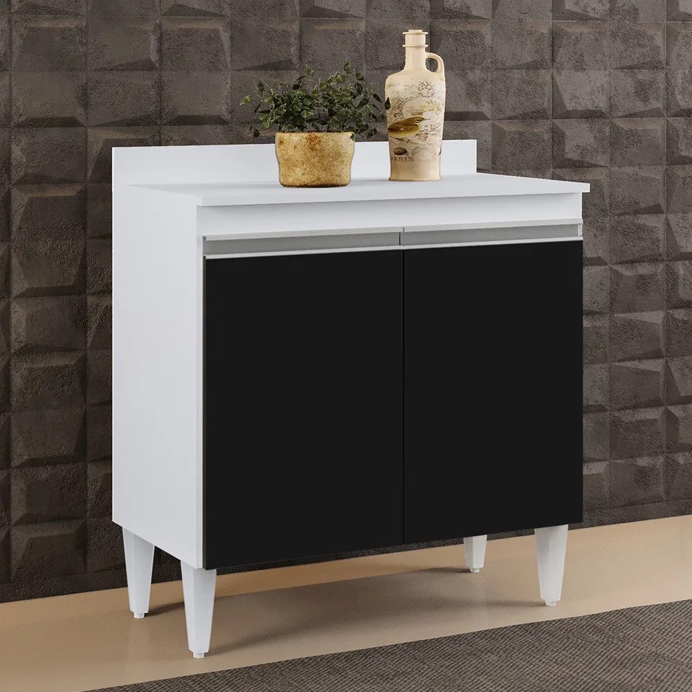 Balcão de Cozinha Lavanderia com Tampo 02 Portas Sara 80 cm - D'Rossi - Branco e Preto