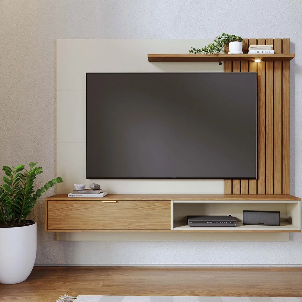 Painel TV 65 Pol 180cm Bancada Suspensa Zurique Off White/Freijó C04 - D'Rossi